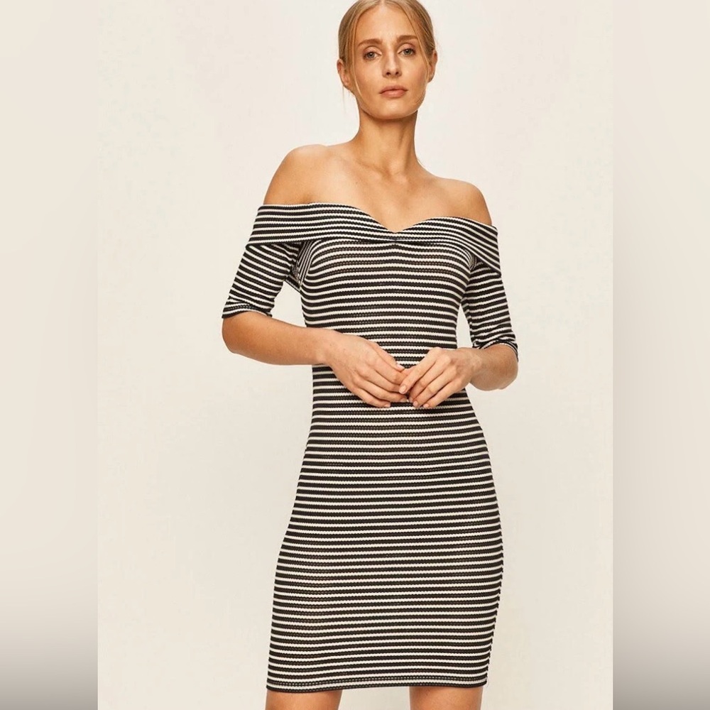 Guess Black and White Striped Mini Dress - L NWT